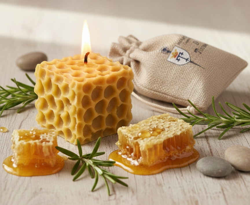 Vela artesanal de cera virgen con diseño de panal de abeja