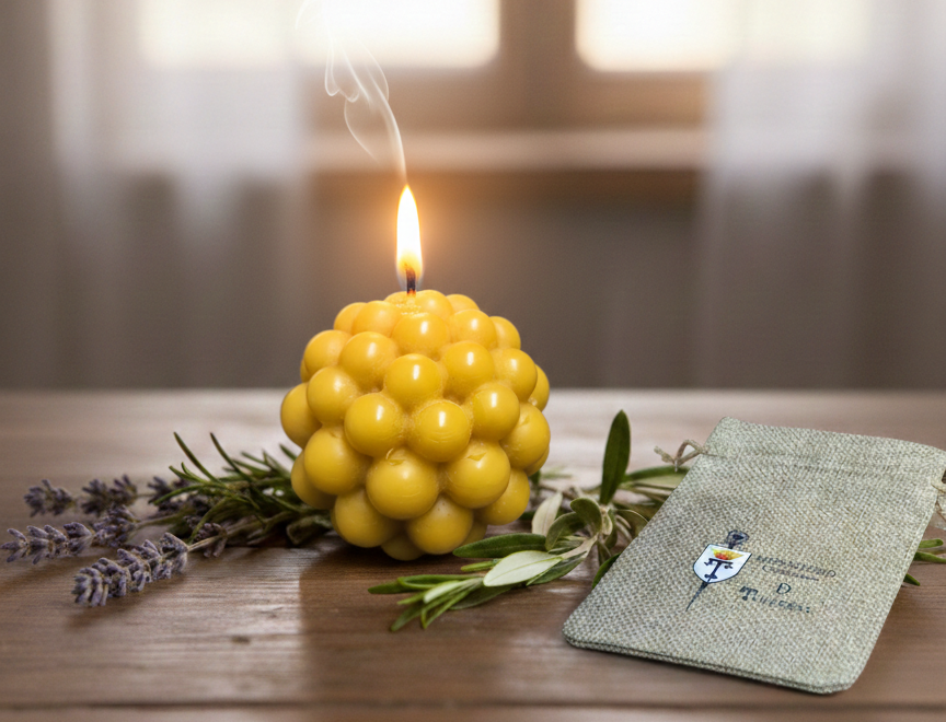 vela de cera virgen natural con diseño geométrico de esferas